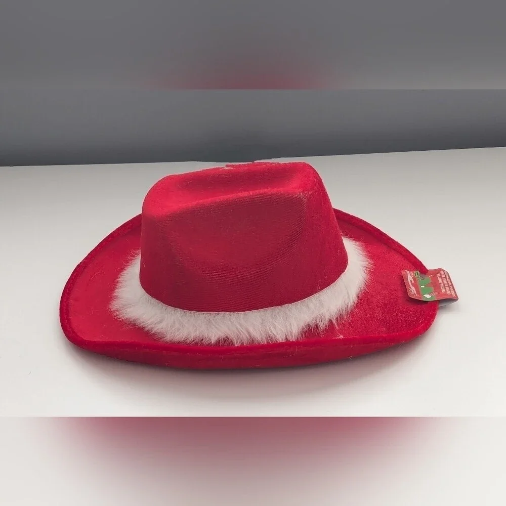 NWT Red Cowboy Hat with White Faux-Fur Trim